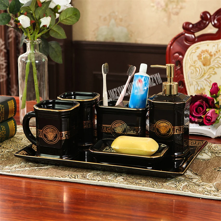 

European-style Six-piece Wash Set High-end Ceramic Bathroom Wash Set With Tray Household Toilet Bathroom Supplies Accessories