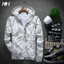 KH New Men’s Fashion Slim Movement Hooded Jacket Coat Spring and Autumn Mens Casual Print Windbreaker Coats Male Outerwear