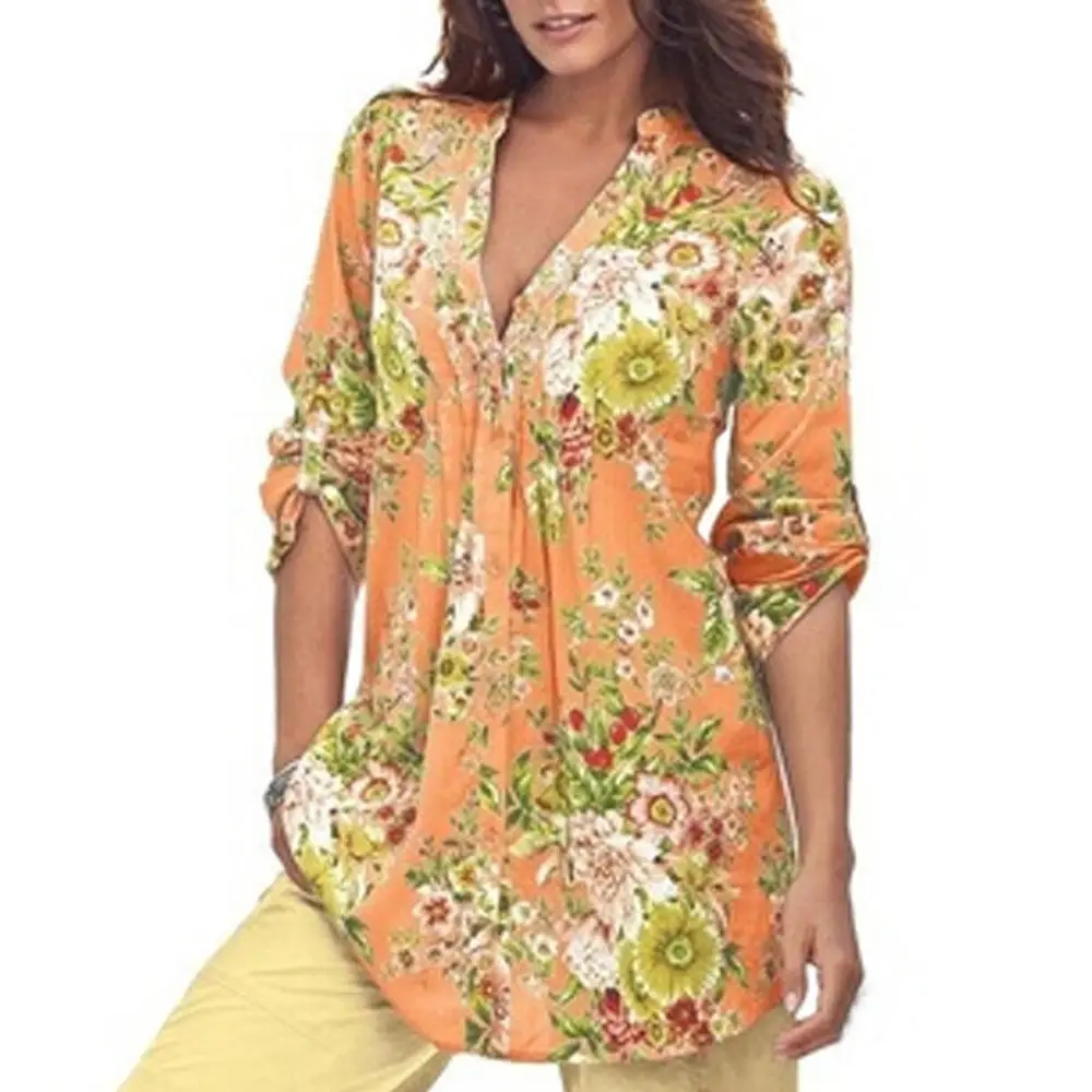 CHSDCSI الأزهار طباعة البلوزات جديد المرأة الخريف طويلة الأكمام الخامس الرقبة المرأة بلوزة تكدرت Blusas أعلى قمم قمصان الشيفون قميص النساء