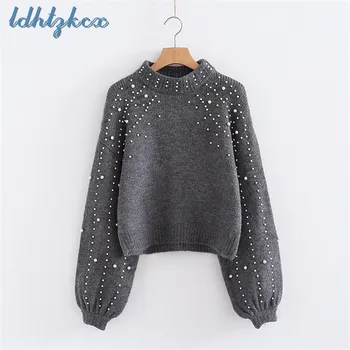 

LDHTZKCX Solid Color Long-sleeved Nail Beading Sweaters Female 2018 Autumn-winter New Fashion Casual Loose Thick Sweaters CX359