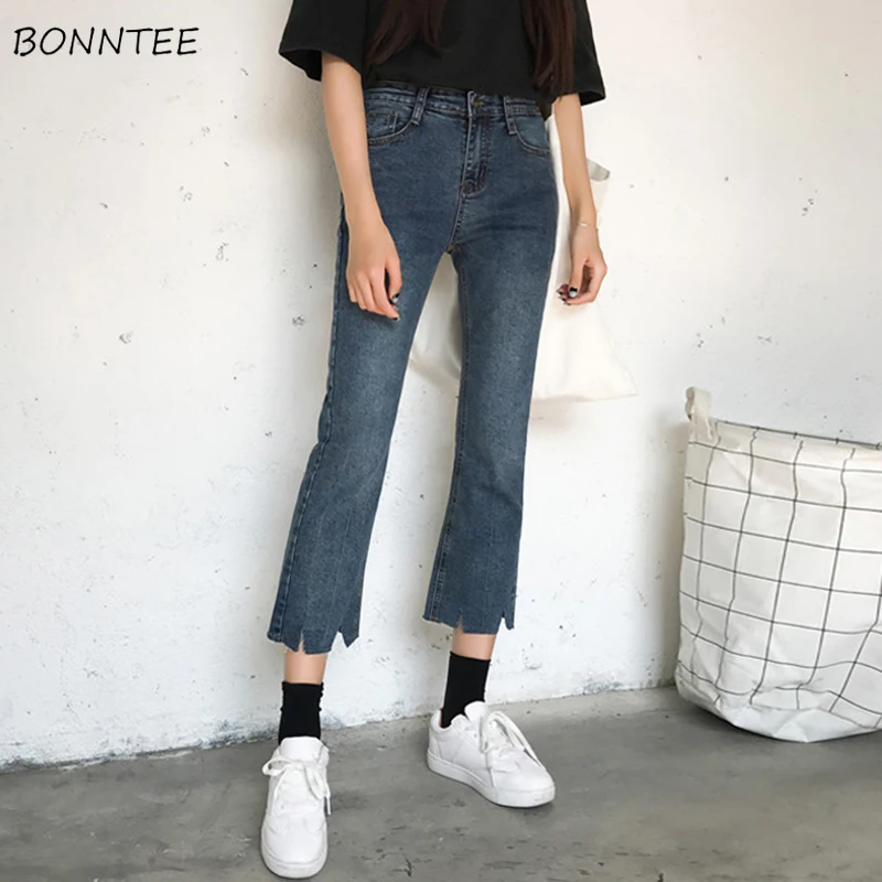 

Jeans Women Leisure Slim Flare Ankle-Length Trousers Female Korean Style High Waist Womens Elegant All-match Ladies Zipper Chic