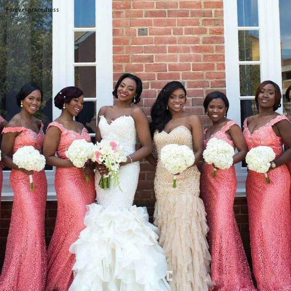 South African Arabic Mermaid Bridesmaids Dresses Elegant Off Shoulder Coral With Beads Sequins Wedding Guest Party Gowns BO7392  126 (1)
