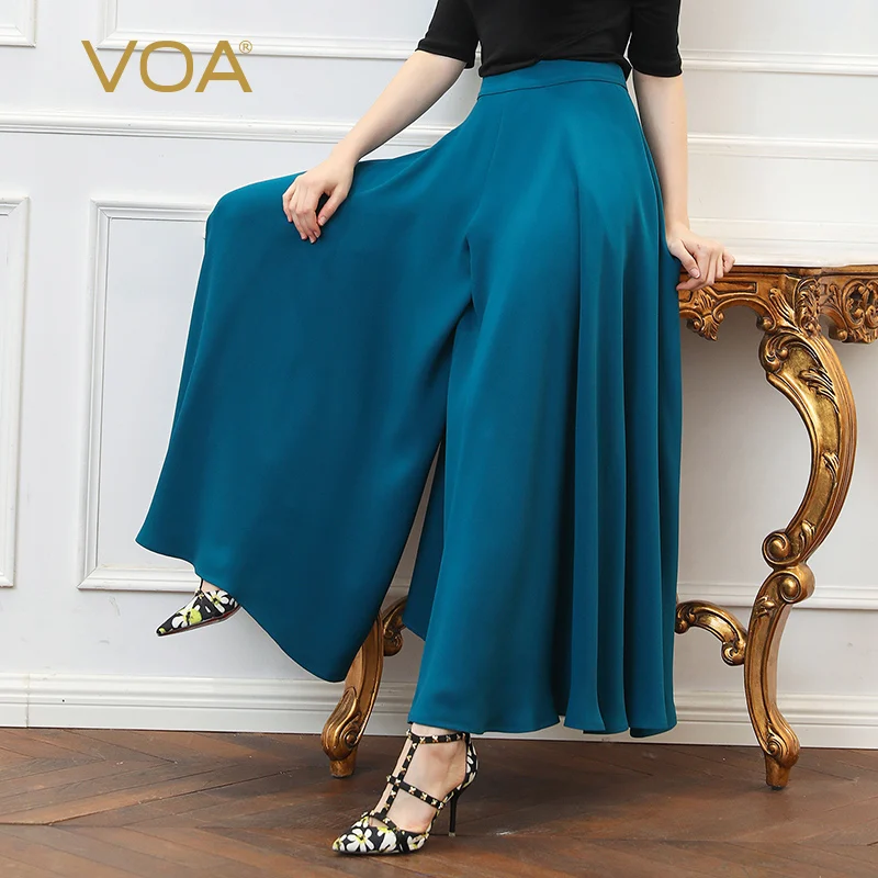 VOA Loose Palazzo Pants Silk Long Trouser Women Large Size Cyan Casual ...