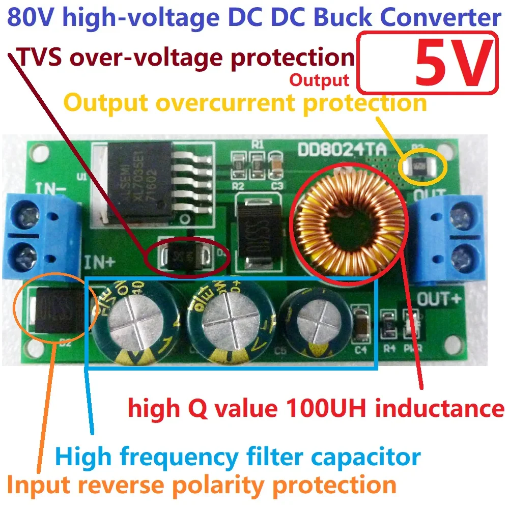 

1A HV High-Voltage DC-DC Converter DC 80V 72V 64V 60V 48V 36V 24V to 5V Buck Step-Down Module for Arduino UNO MEGA2560 Pro mini