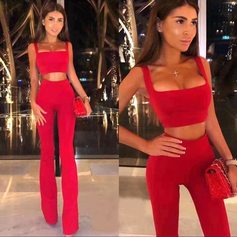 

High Quality Red Black Sleeve 2 Pieces Set Rayon Bandage Set Evening Party Set