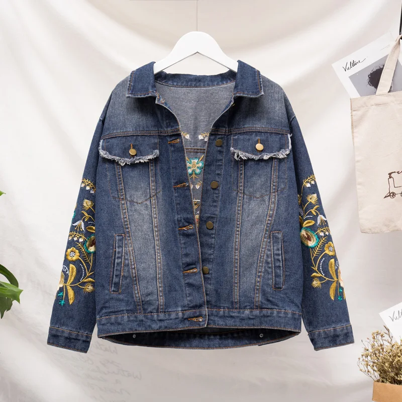 plus size women fat mm spring autumn bf wind Embroidery jean jacket female denim Korean jacket women tide veste femme coat women