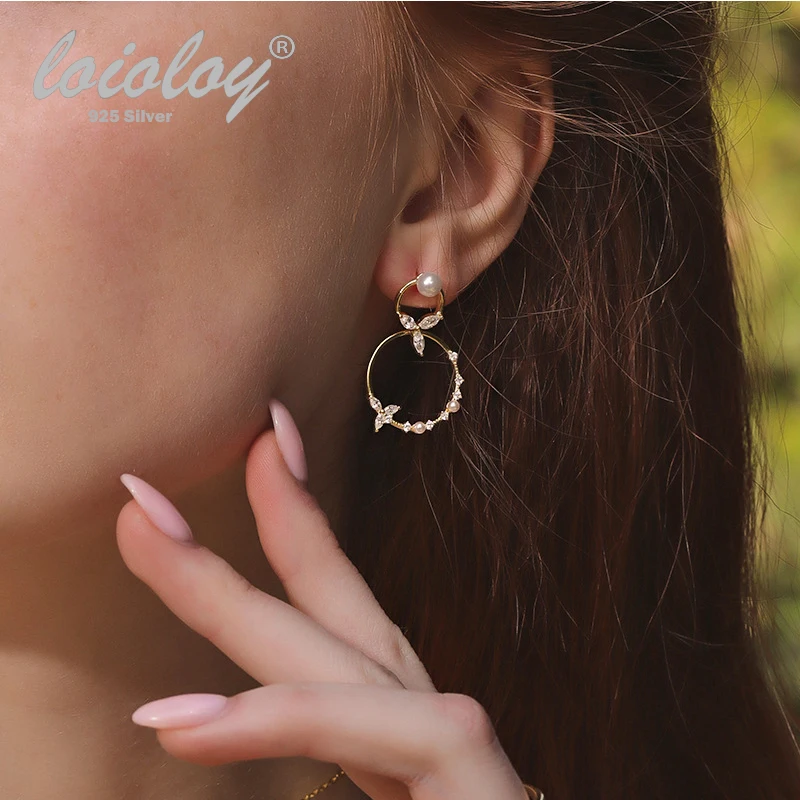 Loioloy New Trendy 100% 925 Sterling Silver Flower Circle Pearl Double Circles Earrings for Women Jewelry Gift | Украшения и
