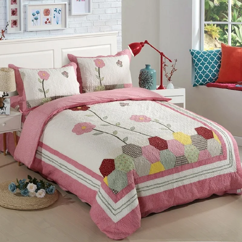 CHAUSUB Cotton Patchwork Quilt Set 3pcs Applique Floral Bedspread Bed Cover Quilted Bedding Set Duvet Cover Pillowcase Quilts