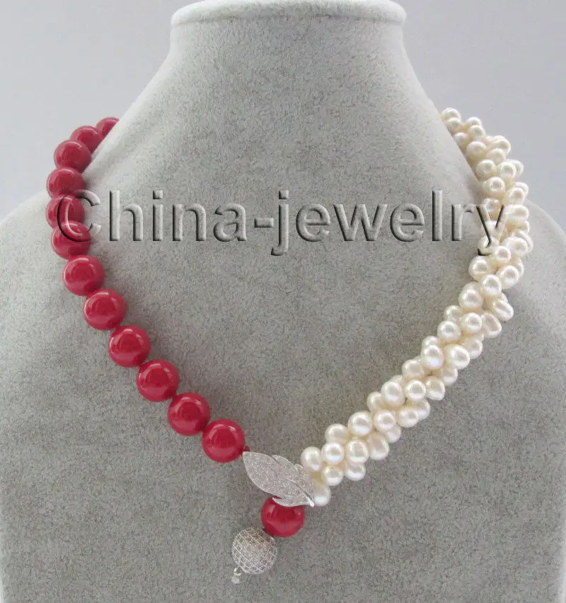 

FREE SHIPPING HOT sell new Style >>>> 3row 18" 7-8mm white freshwater pearl + 12mm red color sea shell pearl necklace