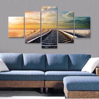 

HD Printed Modern Canvas Living Room 5 Panel Train Tracks Landscape Painting Wall Art Modular Poster Frame Pictures Home Decor
