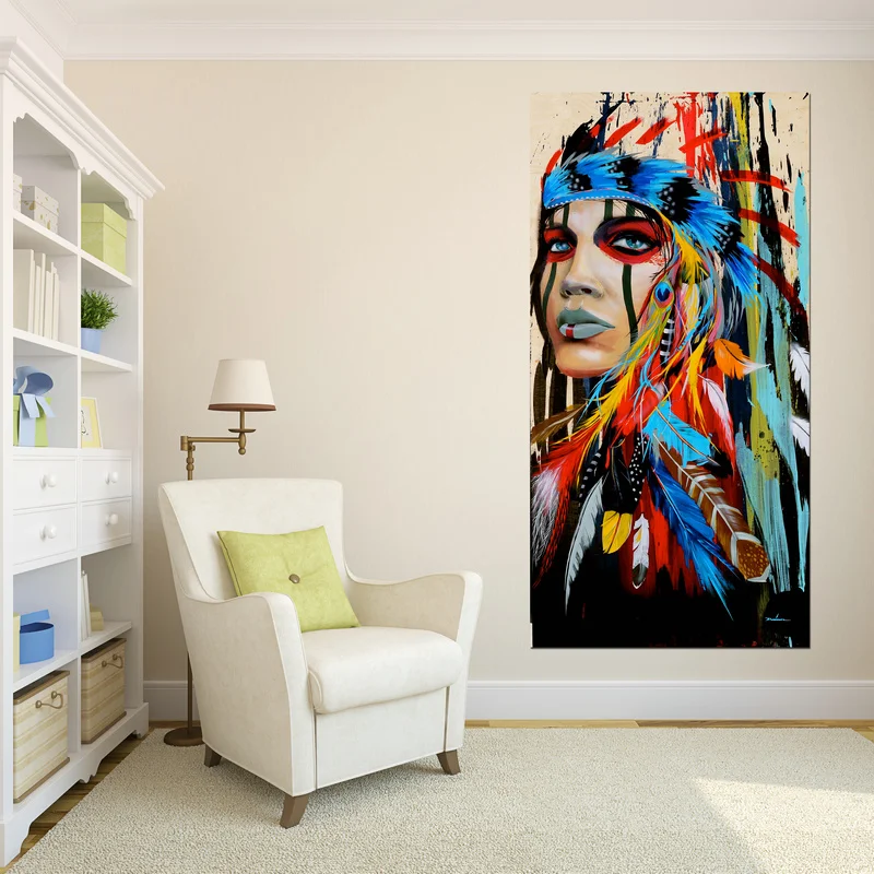 Moderno-nativo-americano-indio-muchacha-plumas-lienzo-pintura-para-Sala-de-Arte-de-la-pared-impresiones(1)