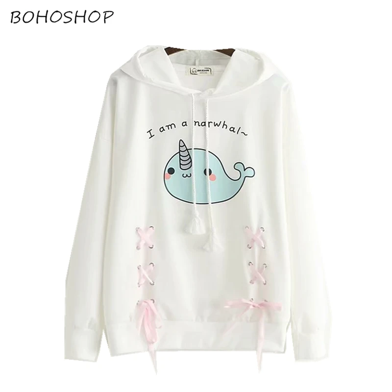 

Harajuku kawaii women cute funny Unicorn fish print long sleeve pullover hoodies cotton tops hooded sweatshirts female