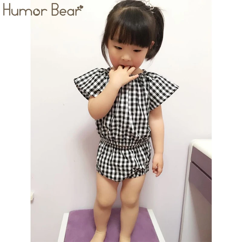 Humor Bear/ стильный летний клетчатый комплект одежды для маленьких девочек, хлопковый костюм, комплект детской одежды, комплект одежды для младенцев