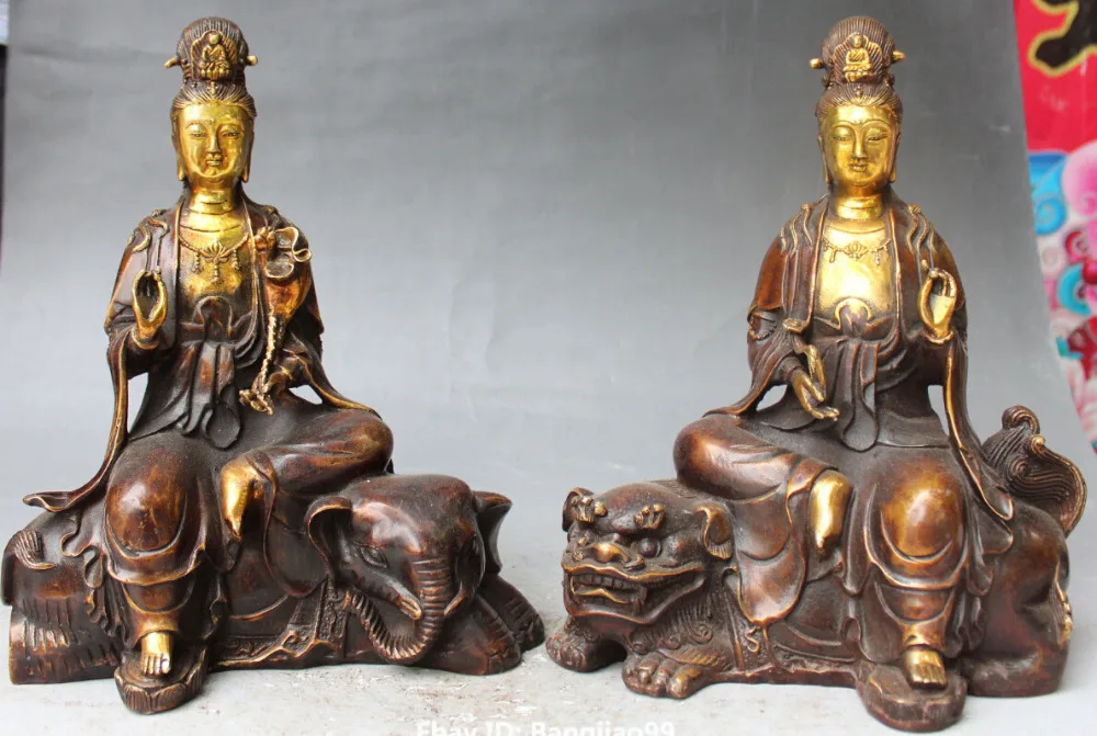 

Bronze Gilt Wenshu Puxian Kwan-yin Bodhisattva Ride Elephant Lion Ru Yi Statue discount 30%