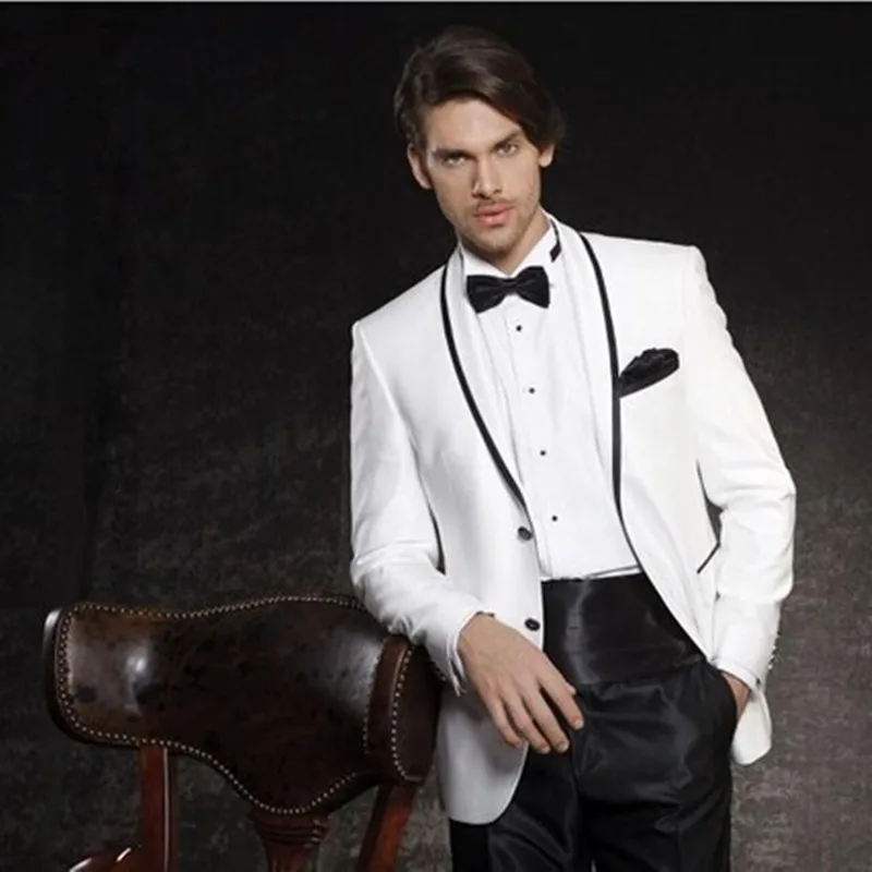 

2017 white Men's Dinner Party Prom Suits Groom Tuxedos new Groomsmen Wedding black pant mens Suits (Jacket+Pants+Girdle+Bow Tie)