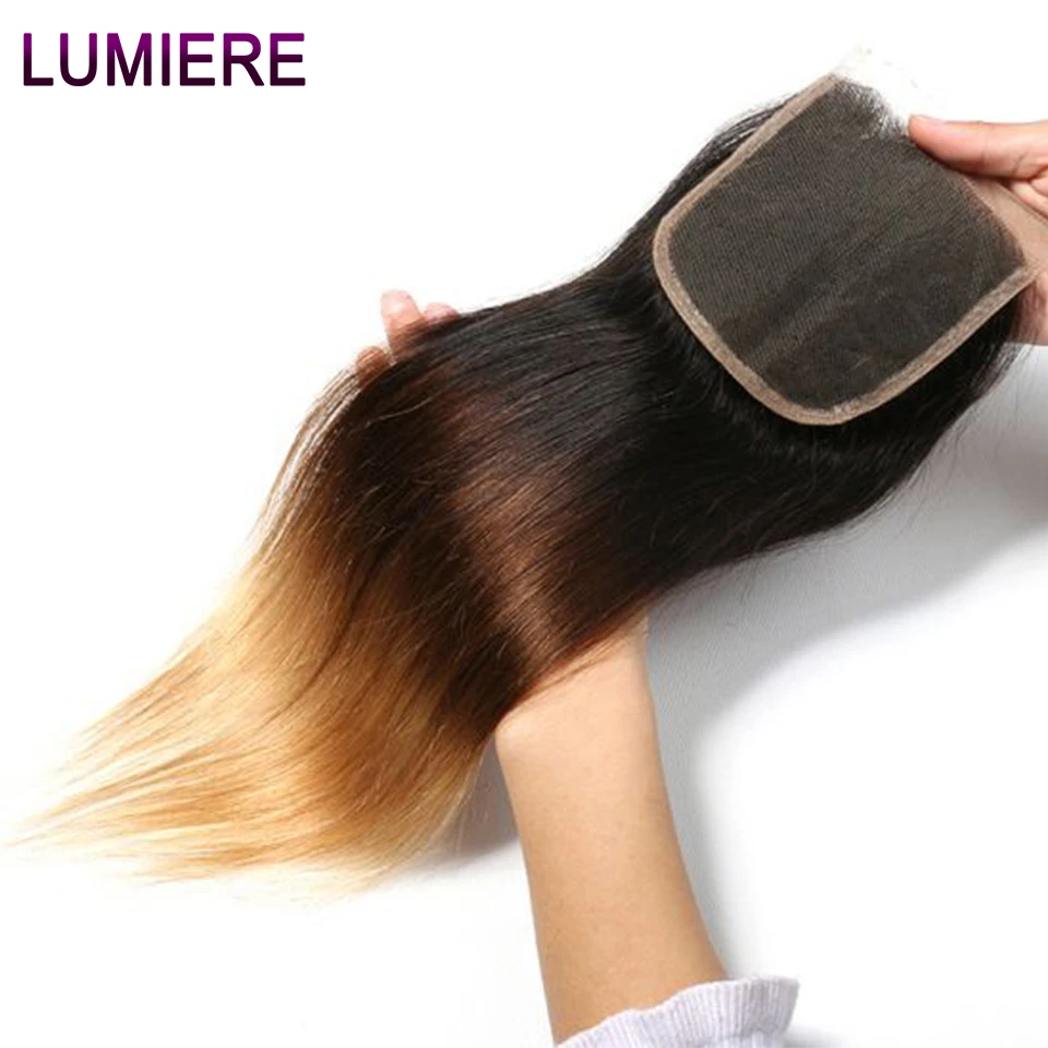 Lumiere Hair Ombre Peruvian Straight 4*4 Lace Closure Human Hair T1B/4/27 Non Remy Hair Closure baby hair 8-20 Inch 150% density