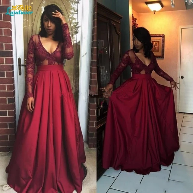  Burgundy  Prom  Dresses  2019 Sexy long sleeves Prom  dress  