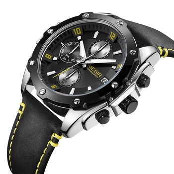 

Megir Brand Chronograph Men Relogio Masculino Blue Leather Business Quartz Watch Clock Men Creative Army Military Wrist Watch