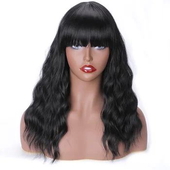

MERISI HAIR Water Wave Long Synthetic Wig with Bangs Black Ombre Color High Density Natural Headline Heat Resistant Hair Wigs