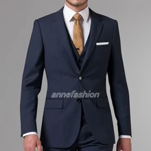 Итальянский высокого качества камвольно чистой шерсти костюм Для мужчин Бизнес костюм два Пуговицы Essential синий костюм-тройка