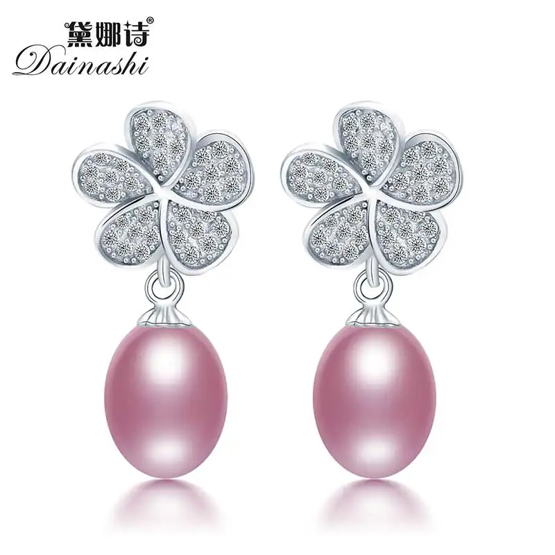 

Bright and thin 5 grass grass design pearl earrings for women, clean 8-9mm water drop purple freshwater pearl jewelry earrings