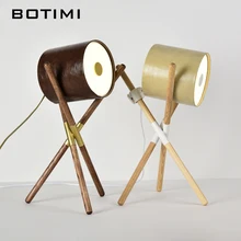 BOTIMI светодиодный настольный светильник в форме барабана с кожаным абажуром для гостиной, деревянный прикроватный светильник, декоративный барабан для спальни
