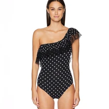 Sexy Polka Dot Single Shoulder Lotus Swimsuit Women Ruffle Off Shoulder One Piece Swimwear Lace Slim Bodysuit Black Beachwear Sexy Polka Dot Single Shoulder Lotus Swimsuit Women Ruffle Off Shoulder One Piece Swimwear Lace Slim Bodysuit Black Beachwear