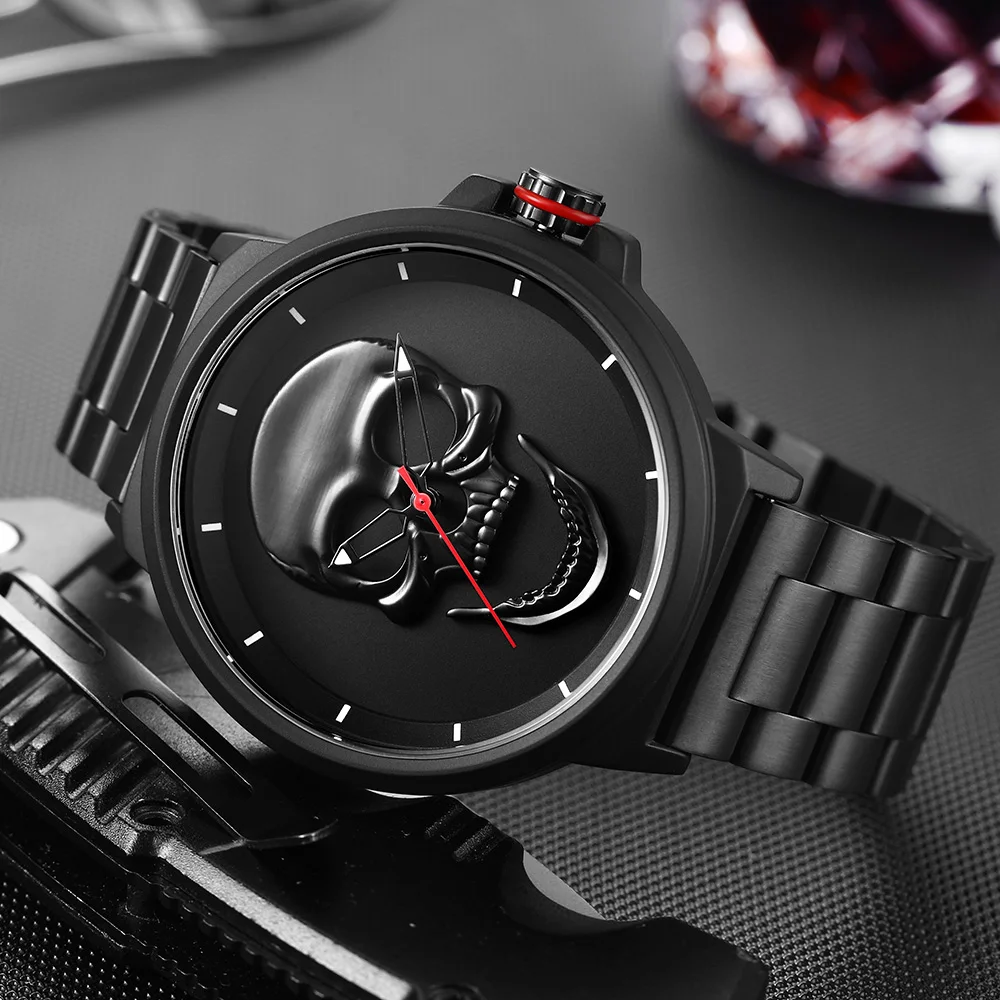 

2018 Cool Punk 3D Skull Mens Watch Top Brand Luxury Steel Gold Black Vintage Quartz Male Watches Sport Clock Relogio Masculino