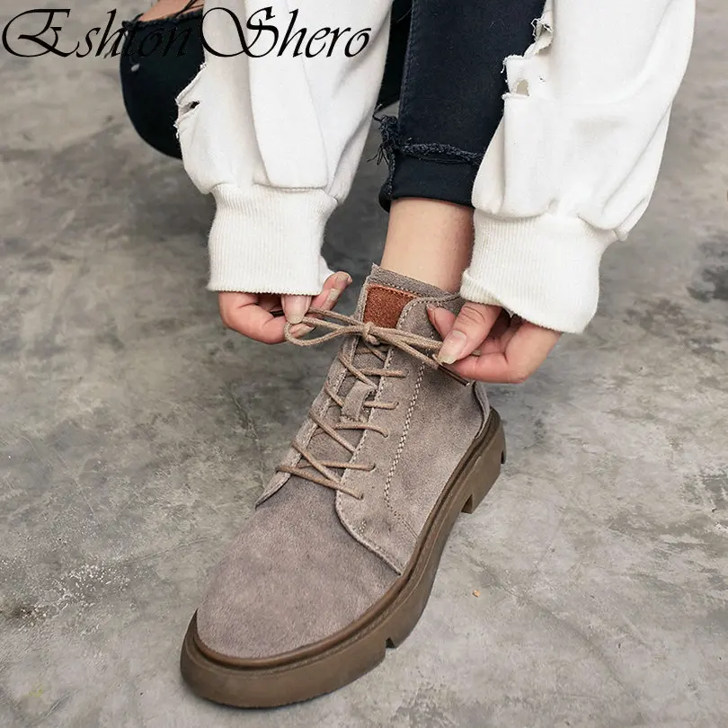 

EshtonShero Women Ankle Boots Shoes Woman Flat Heels Cow Suede+PU Autumn Round Toe Khaki Ladies Motorcycle Boot Size 35-40