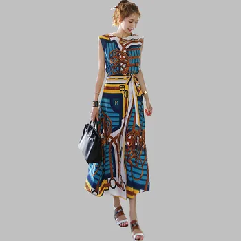

HAMALIEL Vintage Women Print Long Dress Summer Sleeveless Crops Suits 2 Piece Set + Elegant Tie Bow Maxi Big Swing Skirt Suits
