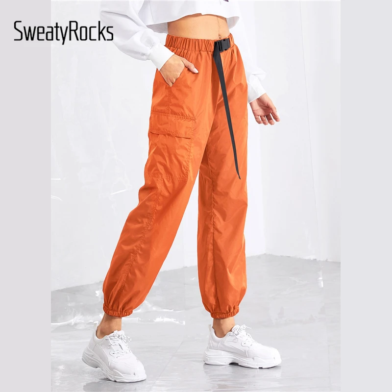 SweatyRocks нажимная Пряжка, пояс, передний карман, боковые брюки, одноцветные, повседневные, оранжевые, зауженные брюки, весна, женские брюки для активного отдыха