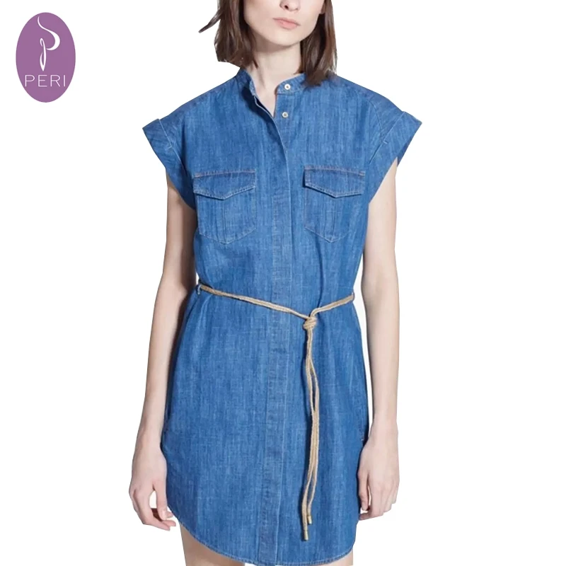 2016 Denim Women Dress With Belt Short Sleeve Pockets Casual Female