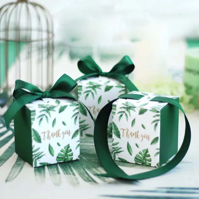 50 шт./лот 6X6X7 см Спасибо зеленый конфетная коробка с лентой подарочные коробки шоколада Свадебные сувениры Свадебный Сувениры и подарки