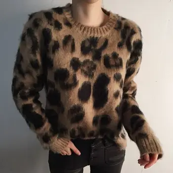 

2019 Autumn Women Fashion Mink cashmere Leopard Print Short Pullovers Soft Thickening O-Neck Loose Pullovers