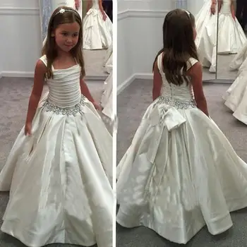 

Ivory Satin Floor Length Flower Girl Dresses Beaded Prom Gown for Weddings Pageant First Communion