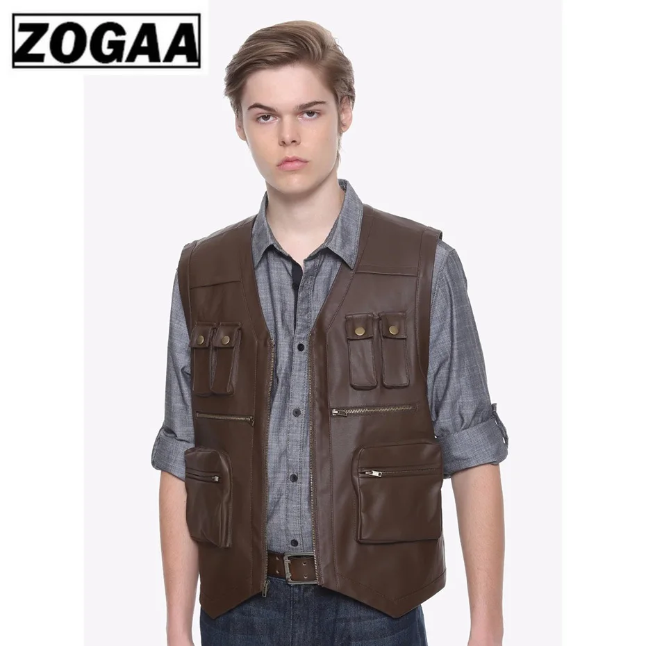 

ZOGAA Men Leather Jacket Coat Casual Coat Men Black Brown Vintage Sleeveless PU Jacket Vest Zipper with Large Pockets