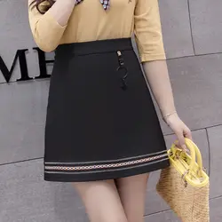 2019 летняя юбка Повседневная Большой размер вышивка женская трапециевидная юбка высокая поясная сумка юбка корейский большой размер
