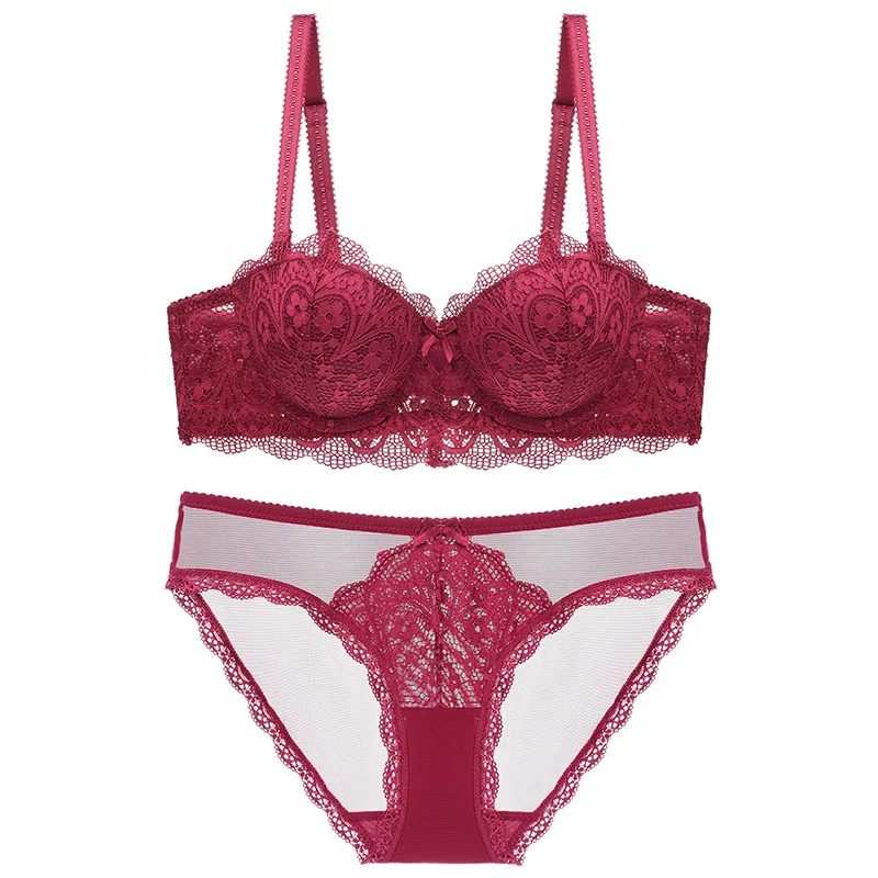 Women sexy Lace lingerie Push Up 3/4 Cup Red bra and panty set female