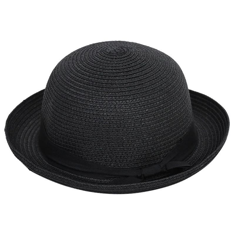 Lady Women Straw Bowler Hat Sun Beach Fedora Derby Style Cloche Brim Cap blackin Hats & Caps