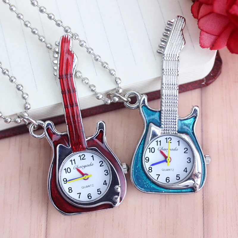 

chaoyada Hot Fashion Vintage Retro Quartz Pocket Watch Guitar Shape Pocket Quartz Keyring Watches keychain Watch Necklace Gift