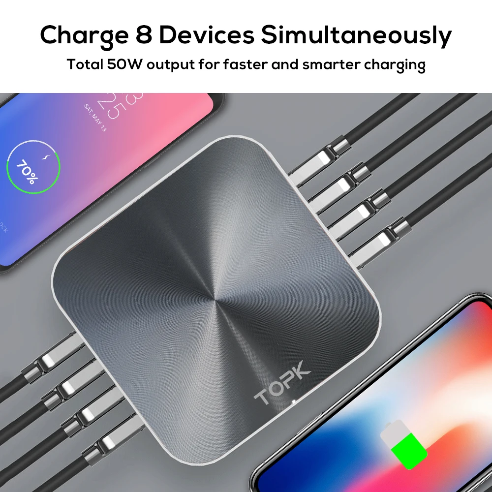 TOPK B829Q 8-Порты и разъёмы 50 Вт Quick Charge 3,0 USB Зарядное устройство для iPhone samsung Xiaomi huawei EU/US/UK AU разъем для рабочего стола, Быстрый Телефон Зарядное устройство