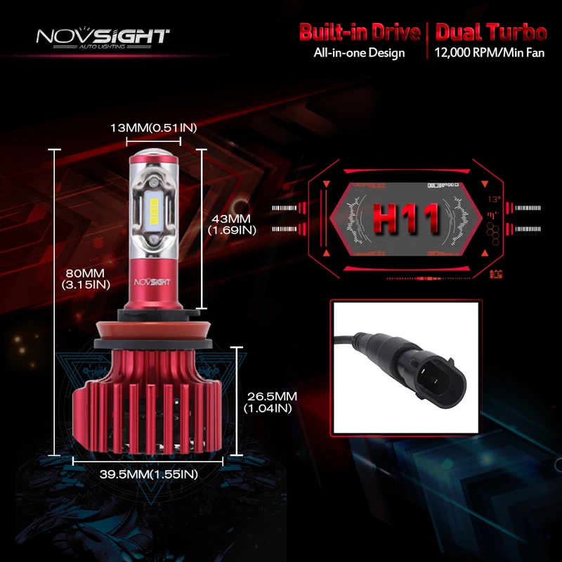 Novsight H11 автомобильная светодиодная лампа для фары Dual Turbo 6000K лампочки