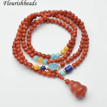 

1pc Natural South Red Agate Carnelian Stone Round Beads Multi Rows Elastic Line Calabash Charm Bracelet