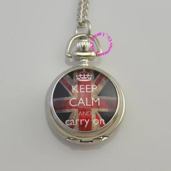 

silver lady girl woman fashion keep calm and carry on flag uk pocket watch quartz necklace antique fashion antibrittle casual