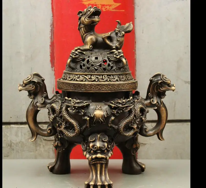 

2715<+19 Exquisite China Buddhism Pure Bronze Dragon Lion Statue Incense Burner Censer