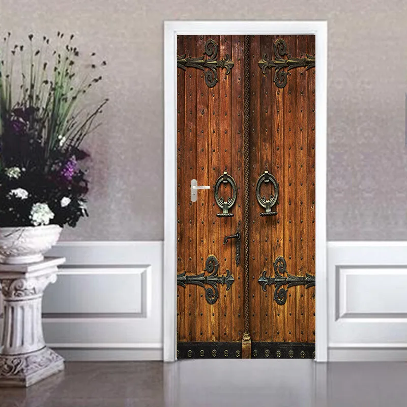 Китайские Ретро наклейки на деревянные двери 77x200 см, виниловые наклейки на двери со старым замком, декоративные наклейки для дома, креативные ПВХ обои для самостоятельного обновления