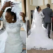 Свадебные платья со шлейфом, кисточками, русалочкой, с длинным рукавом и отделкой из бус, вышивка, стиль, свадебное кружевное китайское платье W0412