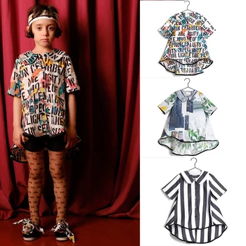 

Girl Blouses 2019 Autumn and Winter New INS Hot Baby Children's Wolf Same Series Large Lapel Print Shirt Skirt Kid Tops