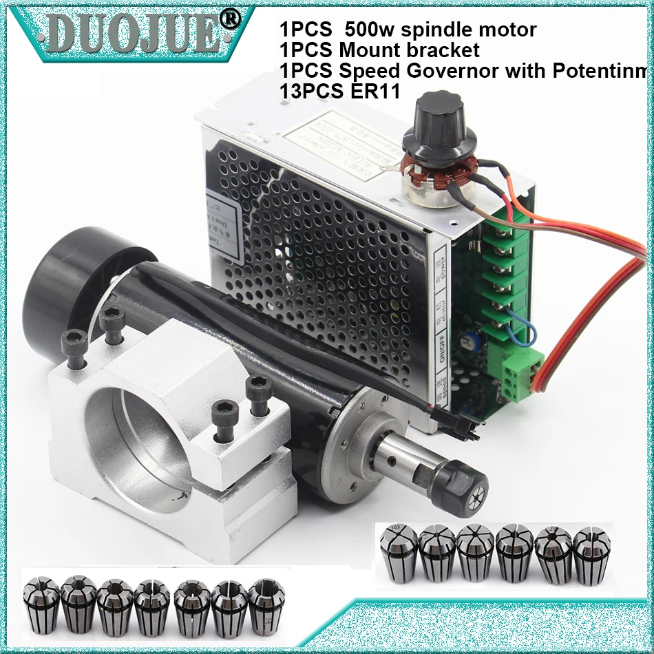 

500W Air Cooled Spindle ER11 Chuck CNC 0.5KW Spindle Motor + 52mm clamps + Power Supply speed governor For DIY CNC
