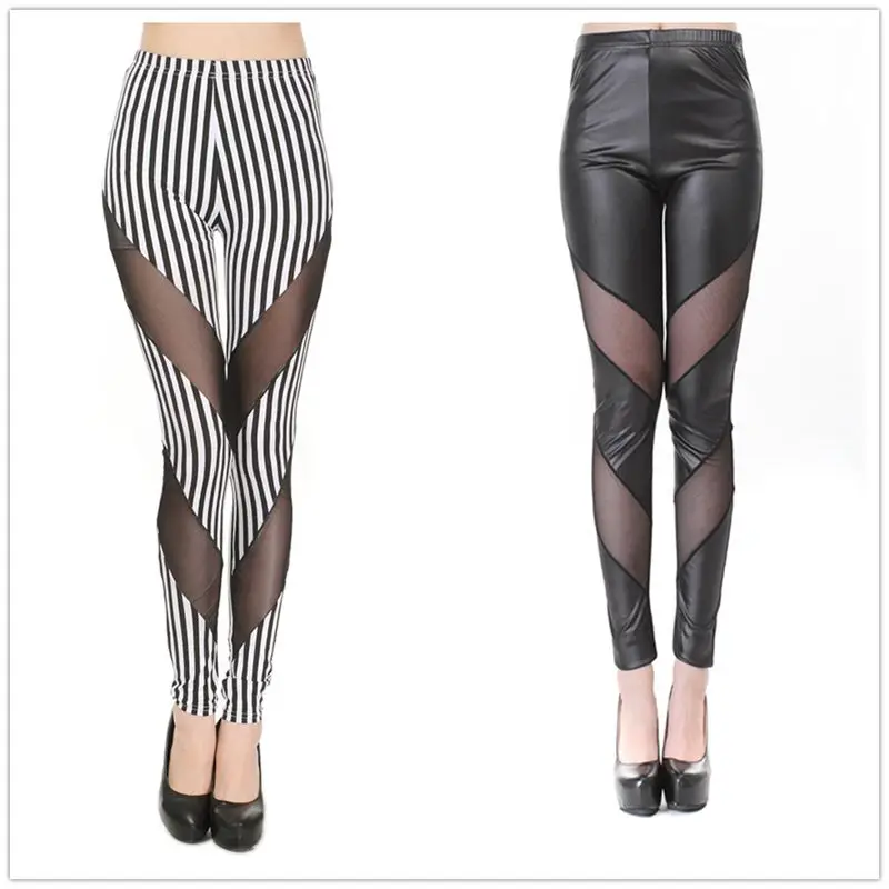 

lady fashion striped ankle leggings black white fake leather patchwork slim legging summer mesh leggings pencil leather pants
